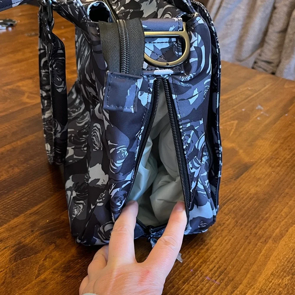 Jujube Be Classy Tote Diaper Bag, Black Petals Grey Floral Pockets, Changing Pad